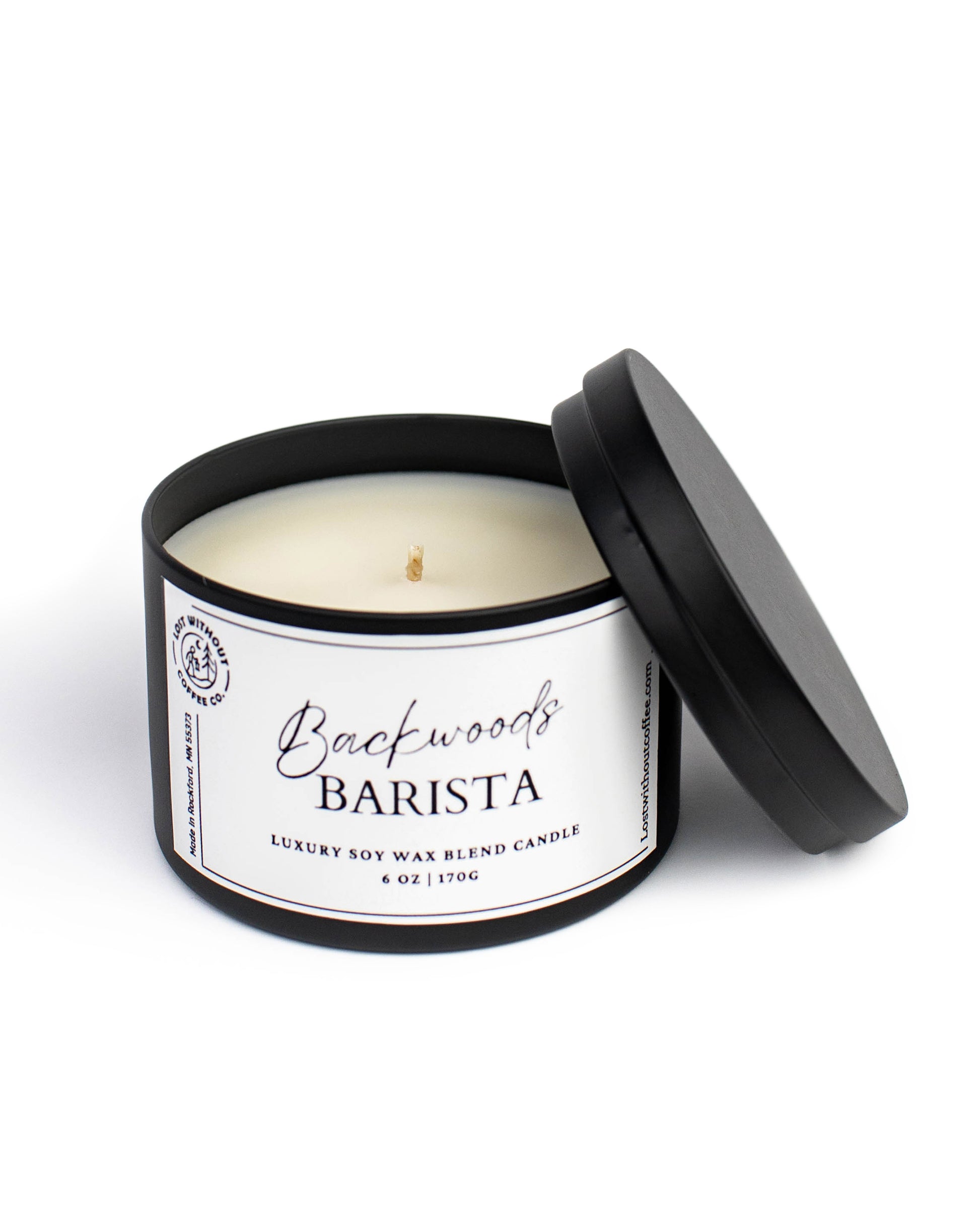 Soy Wax Candles - Backwoods Barista luxury candle in black tin with lid, 6oz size for a cozy coffee scent.