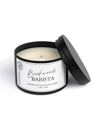 Soy Wax Candles - Backwoods Barista luxury candle in black tin with lid, 6oz size for a cozy coffee scent.