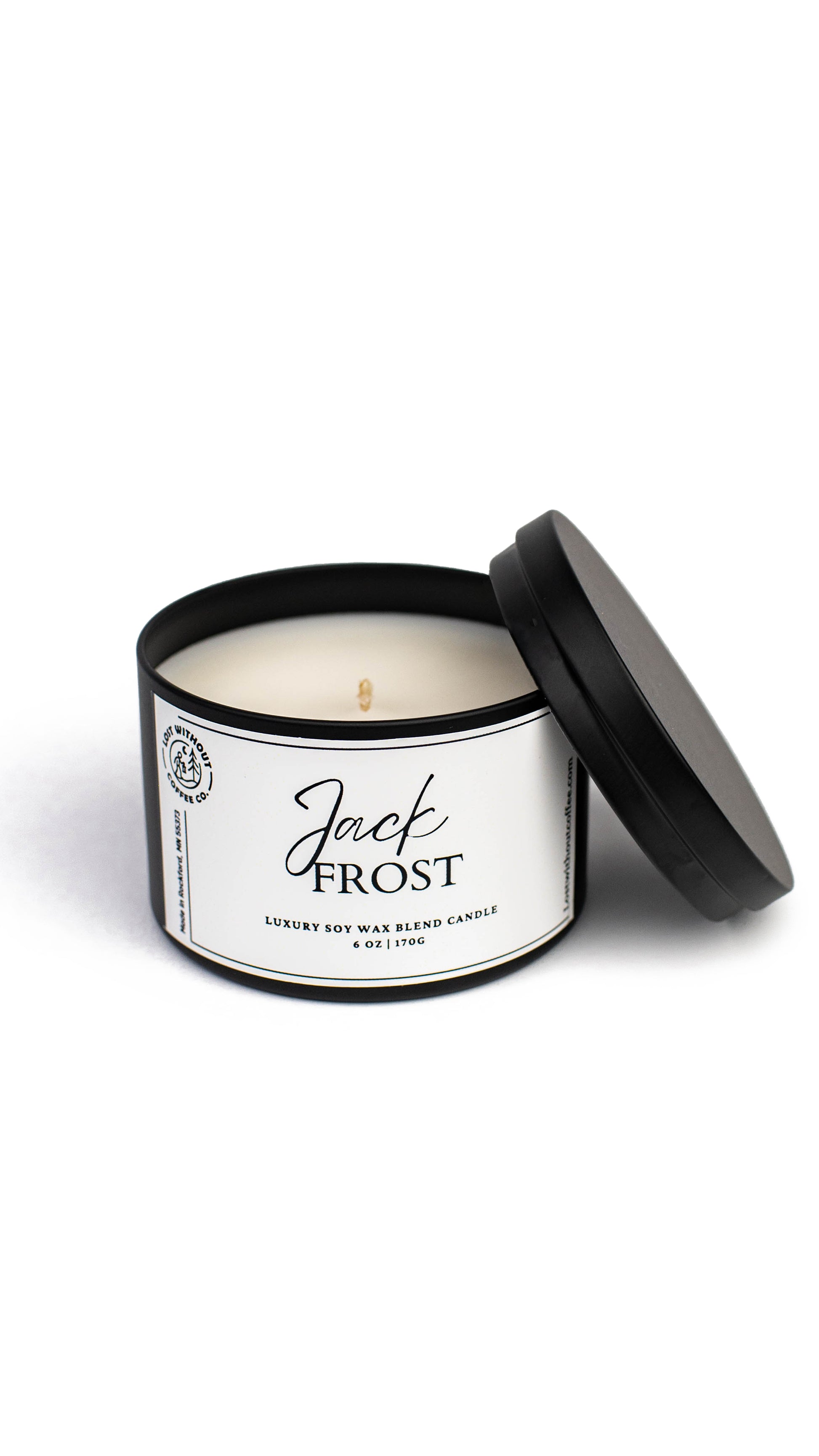 Soy Wax Candles in a black container, Jack Frost scented with sweet juniper and holiday fruit, 6oz for cozy winter ambiance.