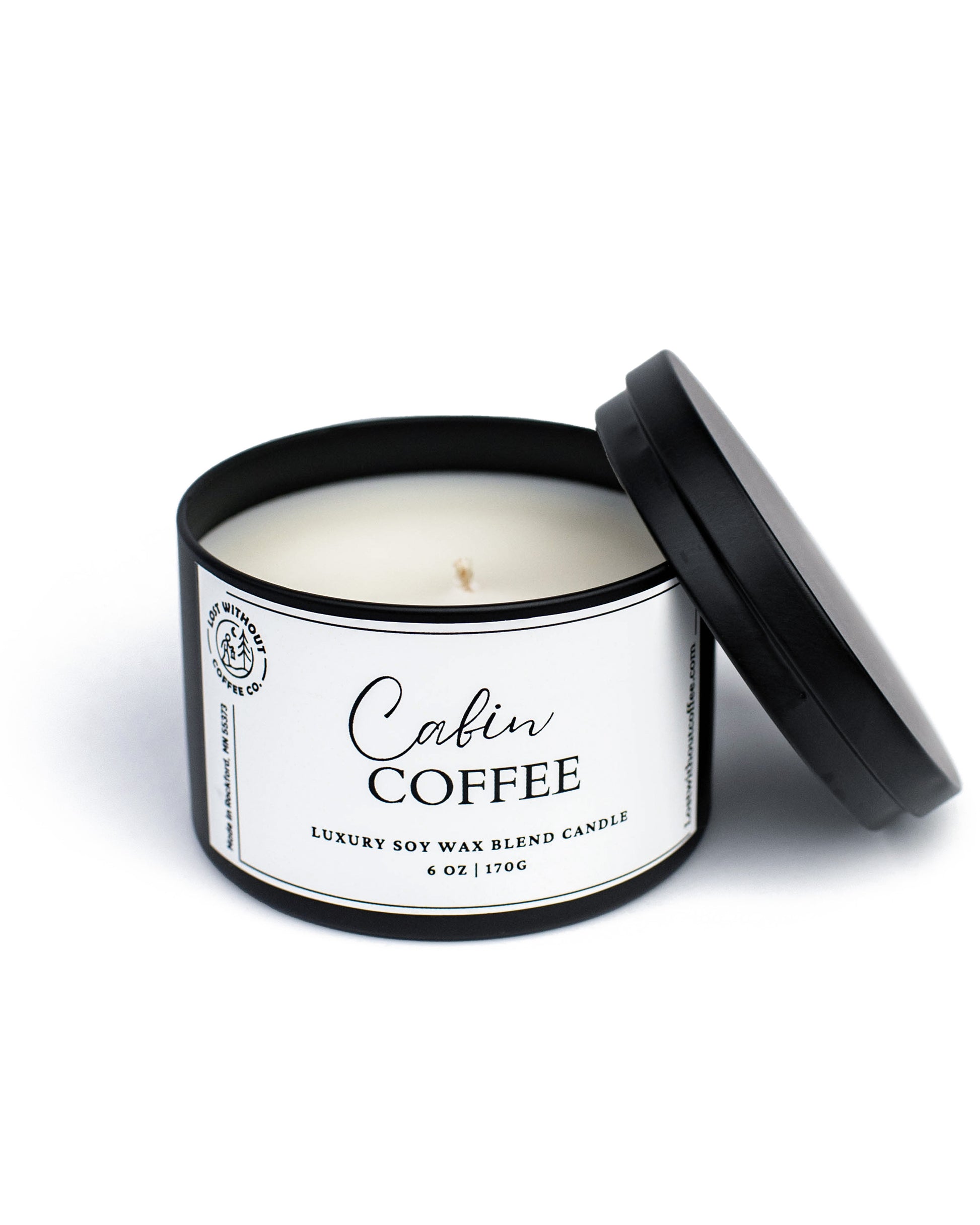 Soy Wax Candles in a 6oz container with warm coffee scent, featuring a modern black lid and elegant design.
