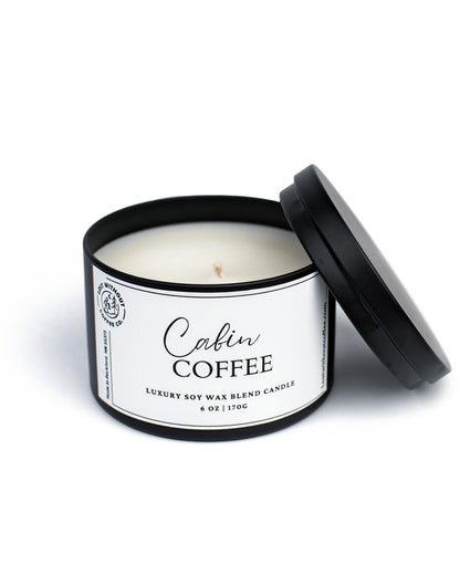 Soy Wax Candles in a 6oz container with warm coffee scent, featuring a modern black lid and elegant design.