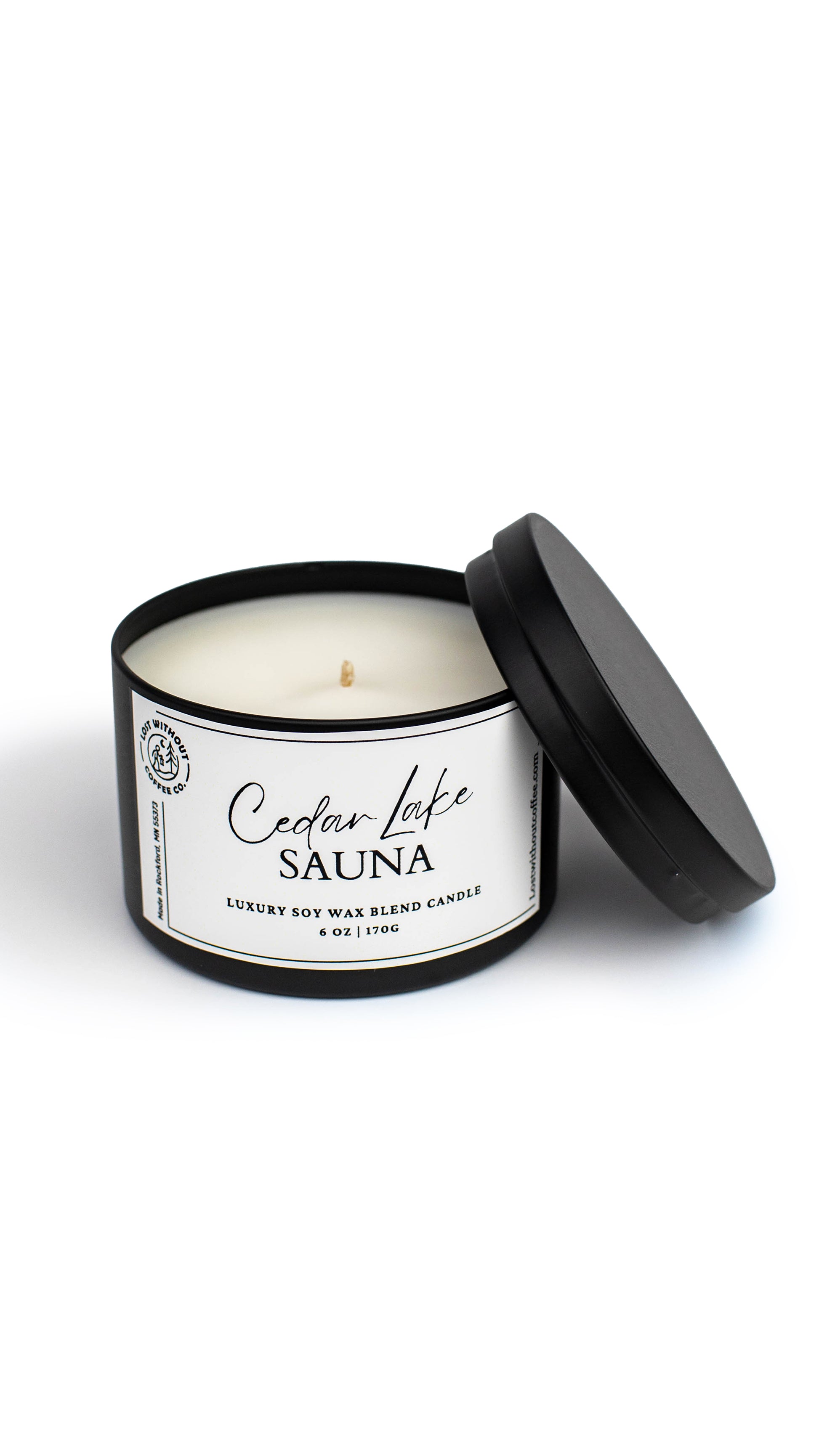 Soy Wax Candles - Cedar Lake Sauna 6oz luxury candle with lid displaying sweet wood scent.