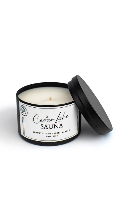 Soy Wax Candles - Cedar Lake Sauna 6oz luxury candle with lid displaying sweet wood scent.