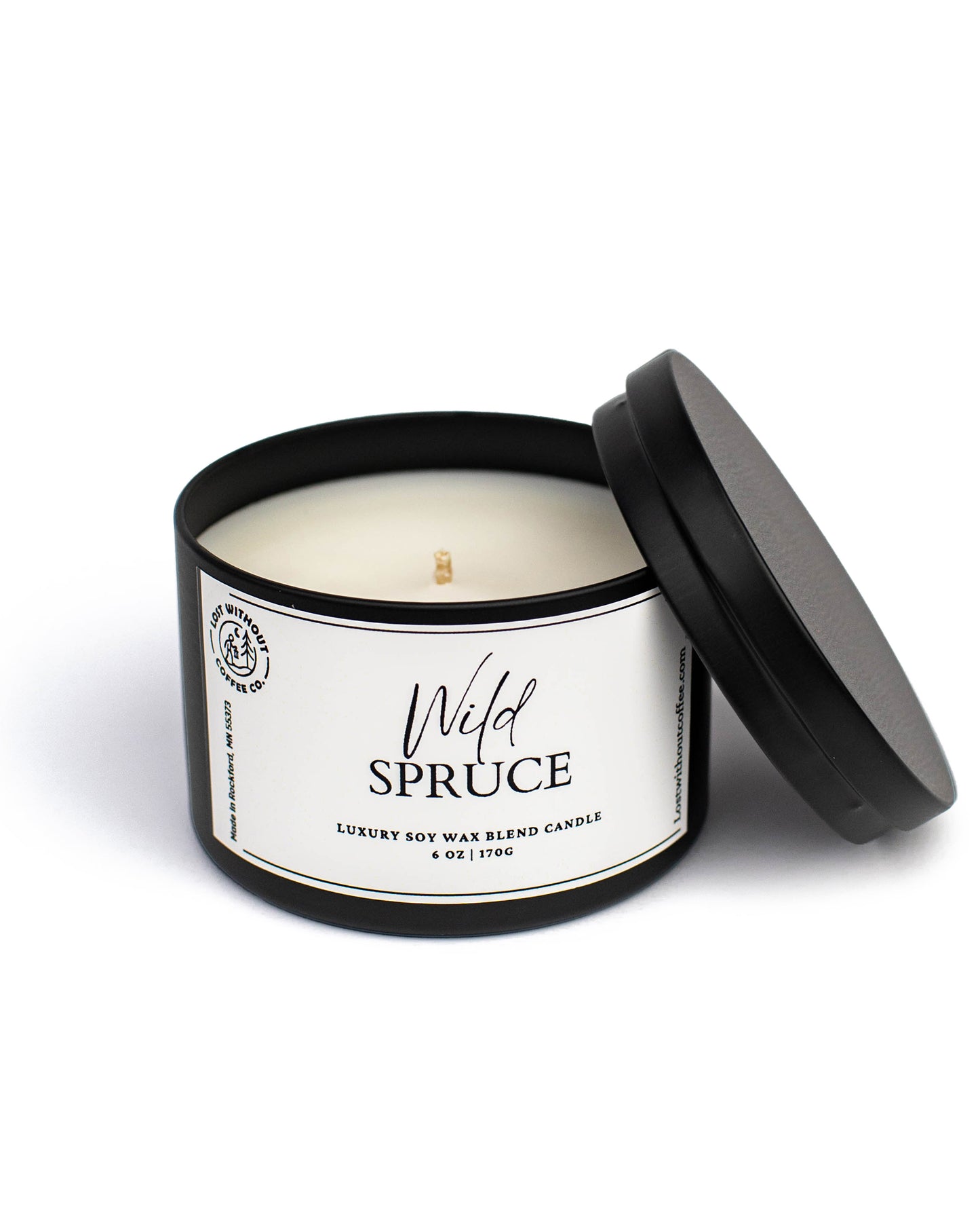 Soy Wax Candles | 6oz Wild Spruce candle in a black tin with lid open, showcasing a luxurious design.