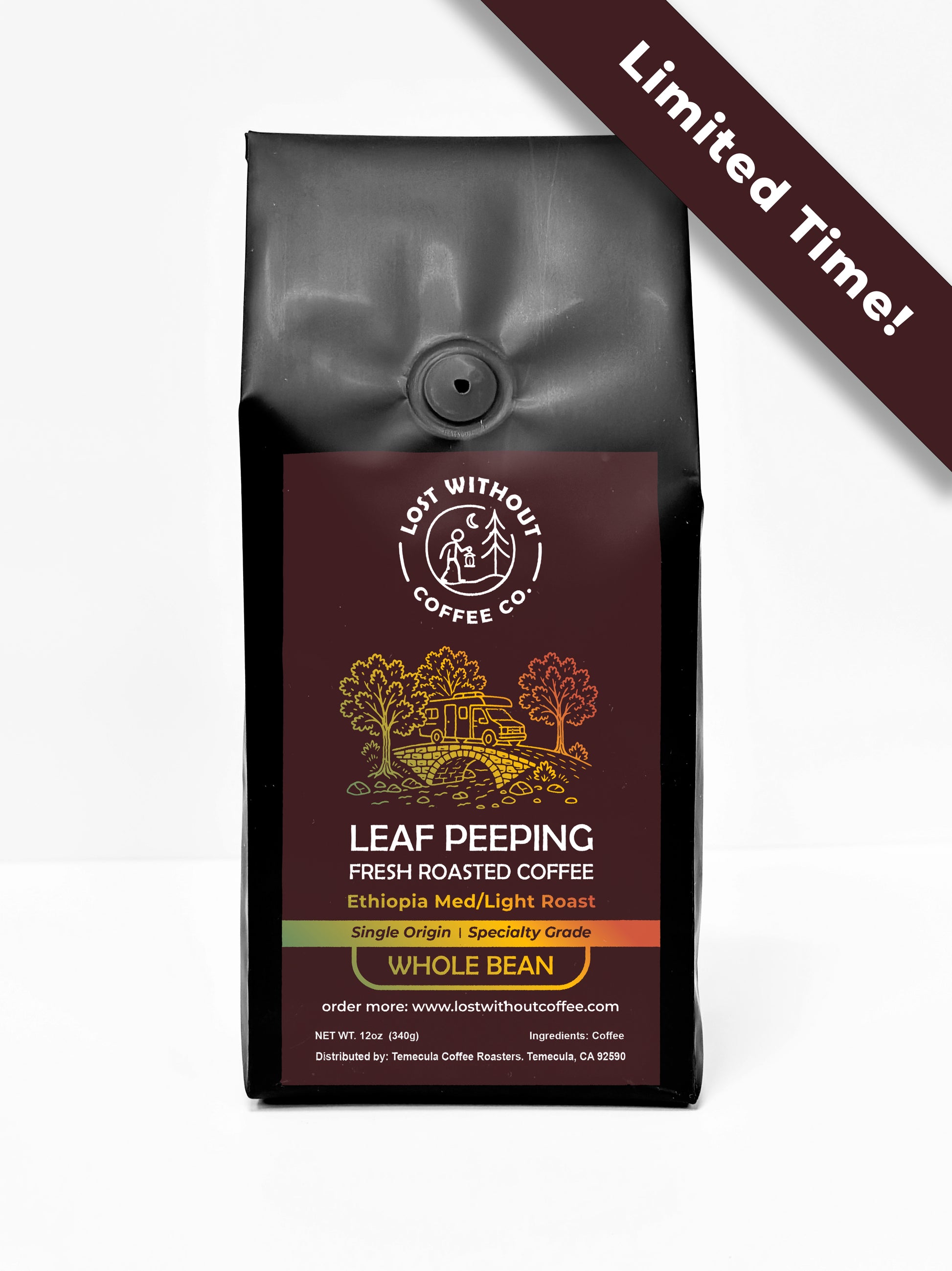 Fresh Roasted Coffee - Leaf Peeping - Ethiopian 12oz bag with limited time offer banner.
