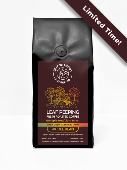 Fresh Roasted Coffee - Leaf Peeping - Ethiopian 12oz bag with limited time offer banner.