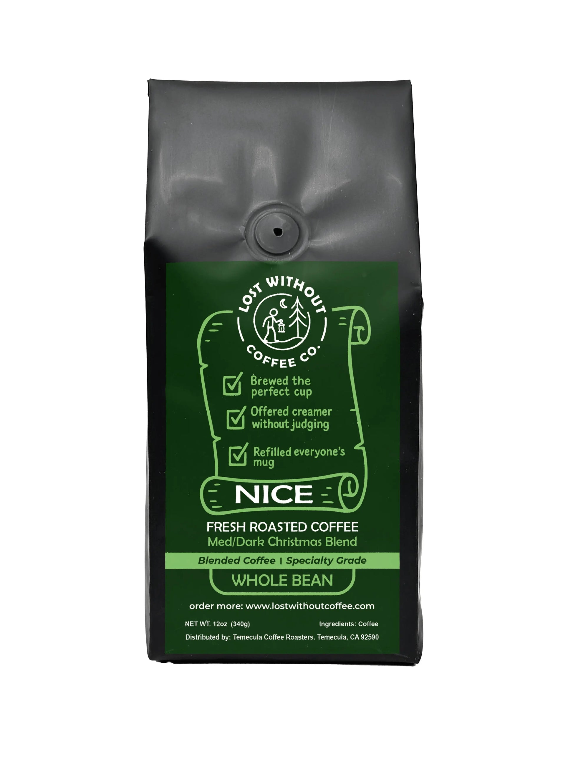 Fresh Roasted Coffee - Nice List Blend packaging featuring holiday themed design, whole bean coffee bag.