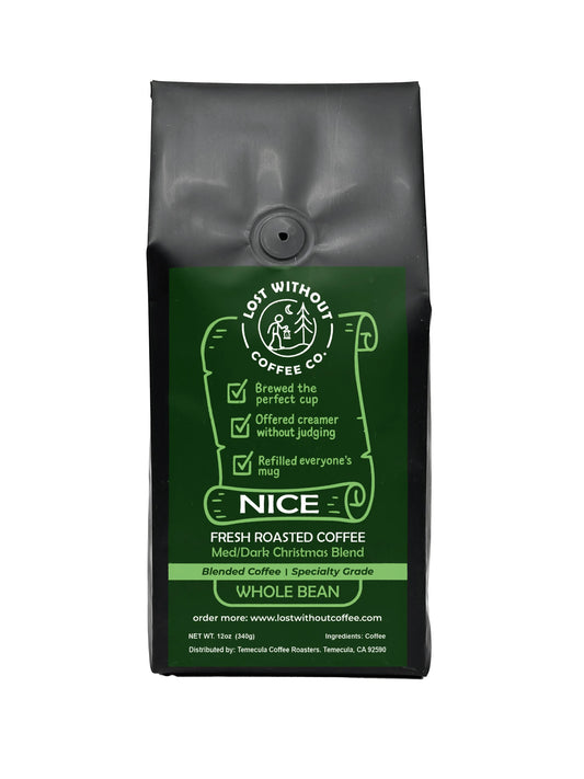 Fresh Roasted Coffee - Nice List Blend packaging featuring holiday themed design, whole bean coffee bag.