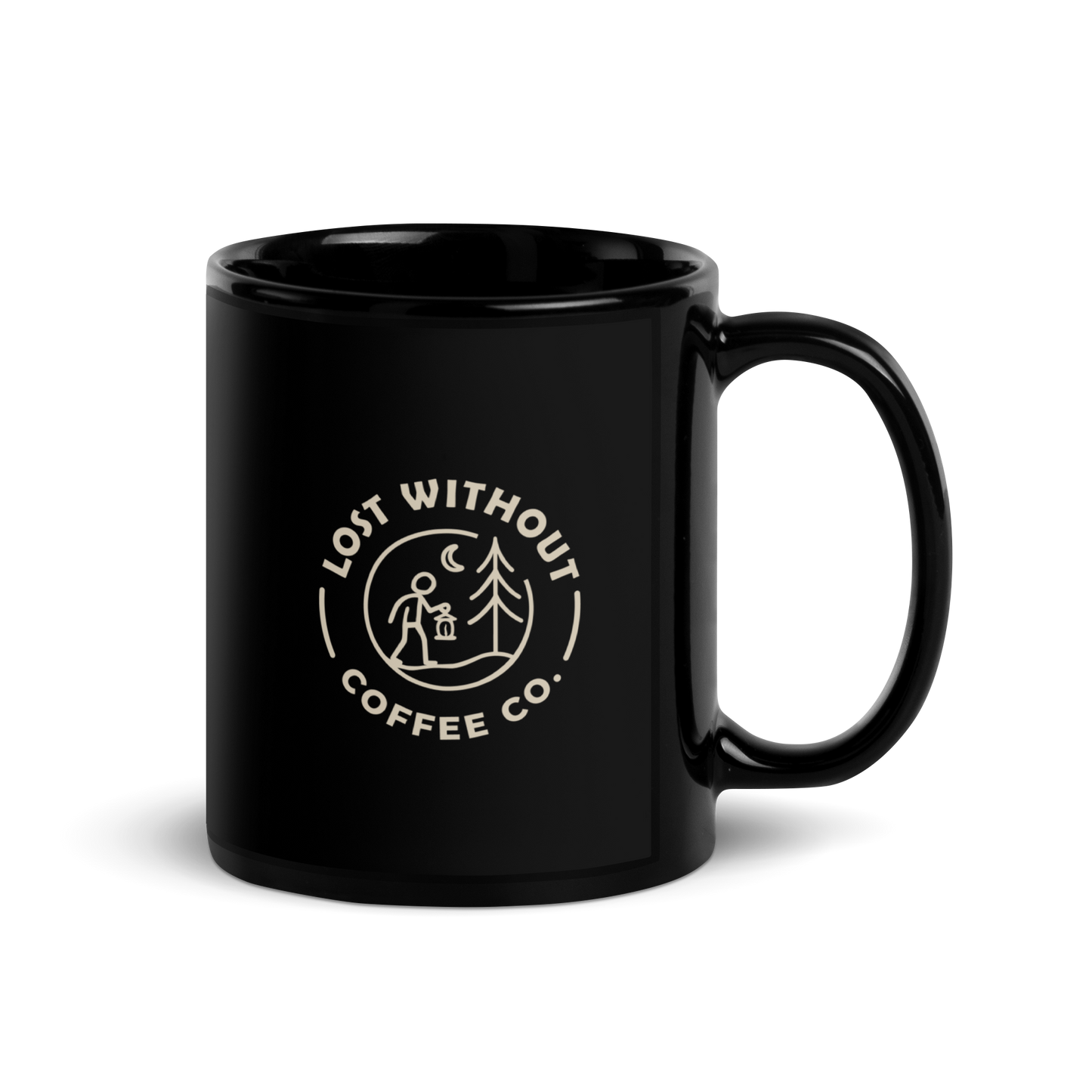 Black glossy coffee mug with "Lost Without Coffee Co." logo, ideal for coffee lovers and outdoor enthusiasts.