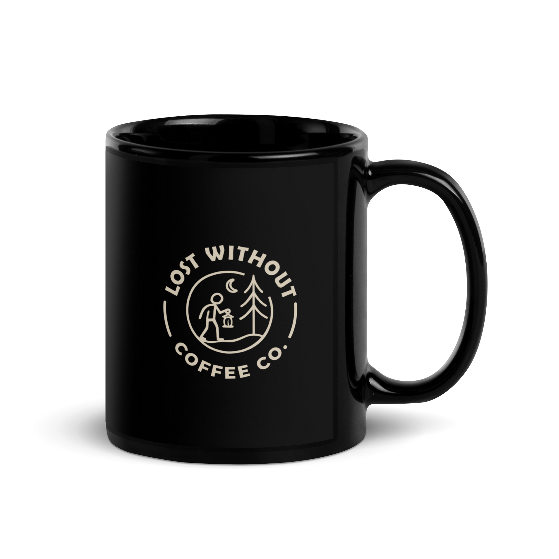 Black glossy coffee mug with "Lost Without Coffee Co." logo, ideal for coffee lovers and outdoor enthusiasts.
