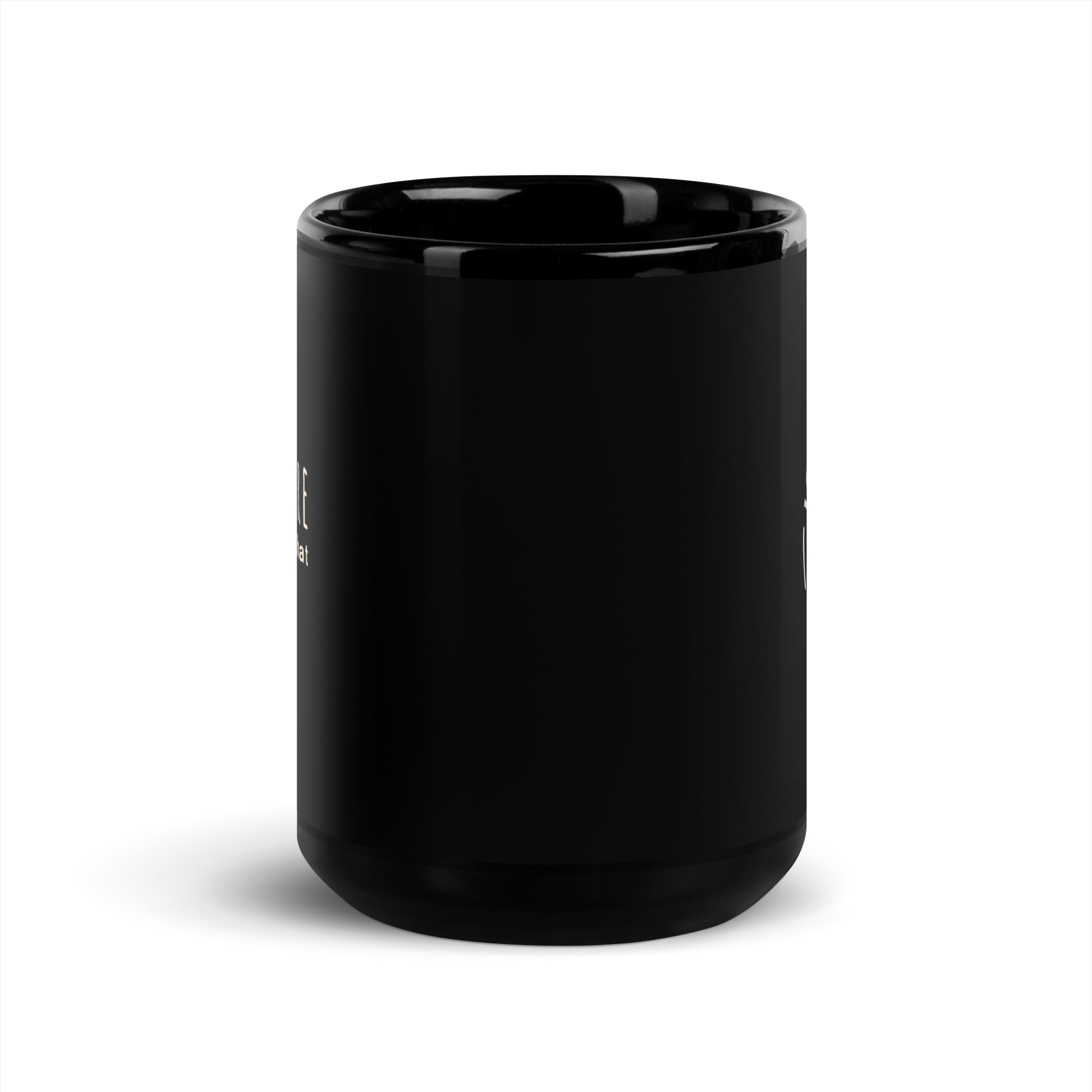 Black glossy ceramic coffee mug, 11 oz size, featuring a sleek design for coffee or tea.