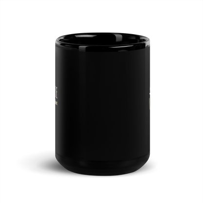 Black glossy ceramic coffee mug, 11 oz size, featuring a sleek design for coffee or tea.